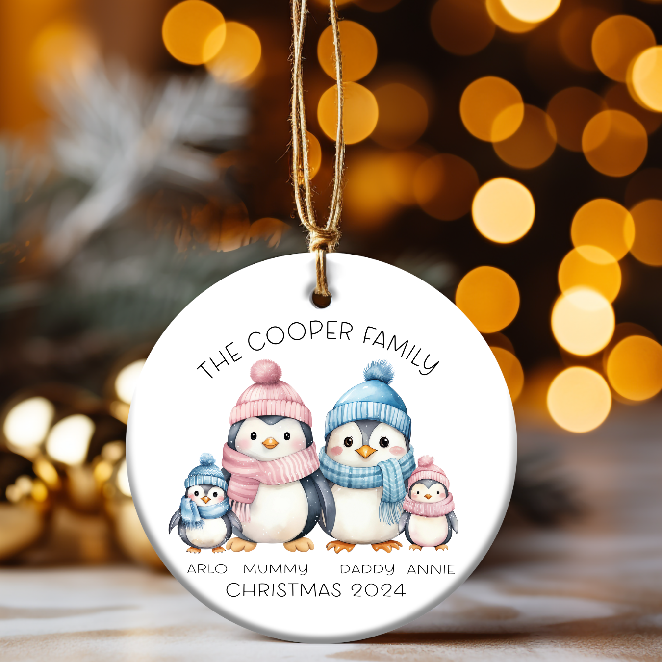 Personalised Penguin family name Christmas tree ornament