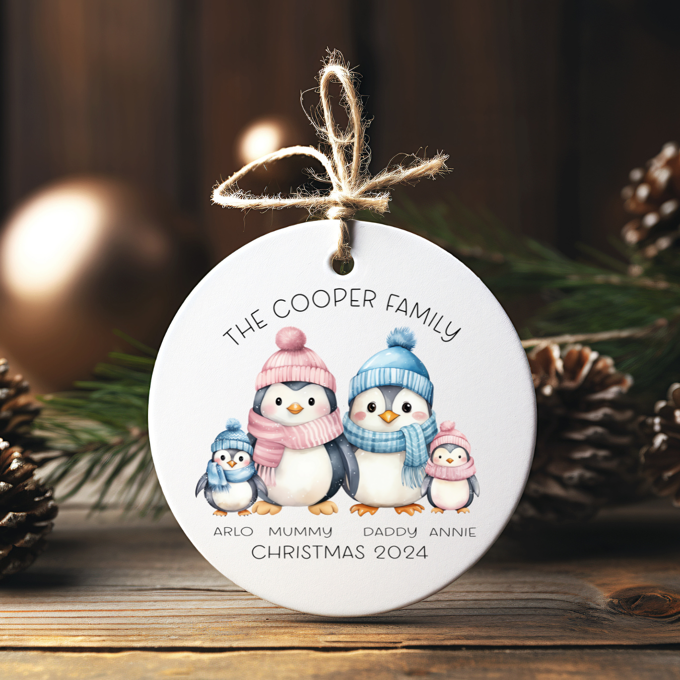 Personalised Penguin family name Christmas tree ornament