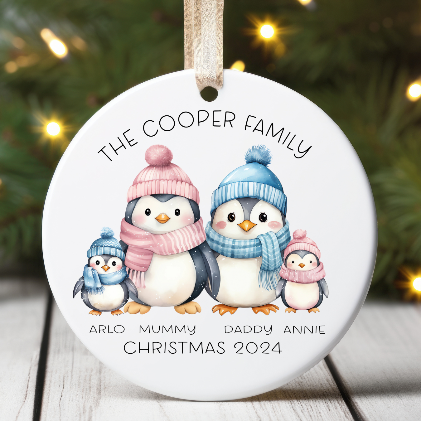 Personalised Penguin family name Christmas tree ornament