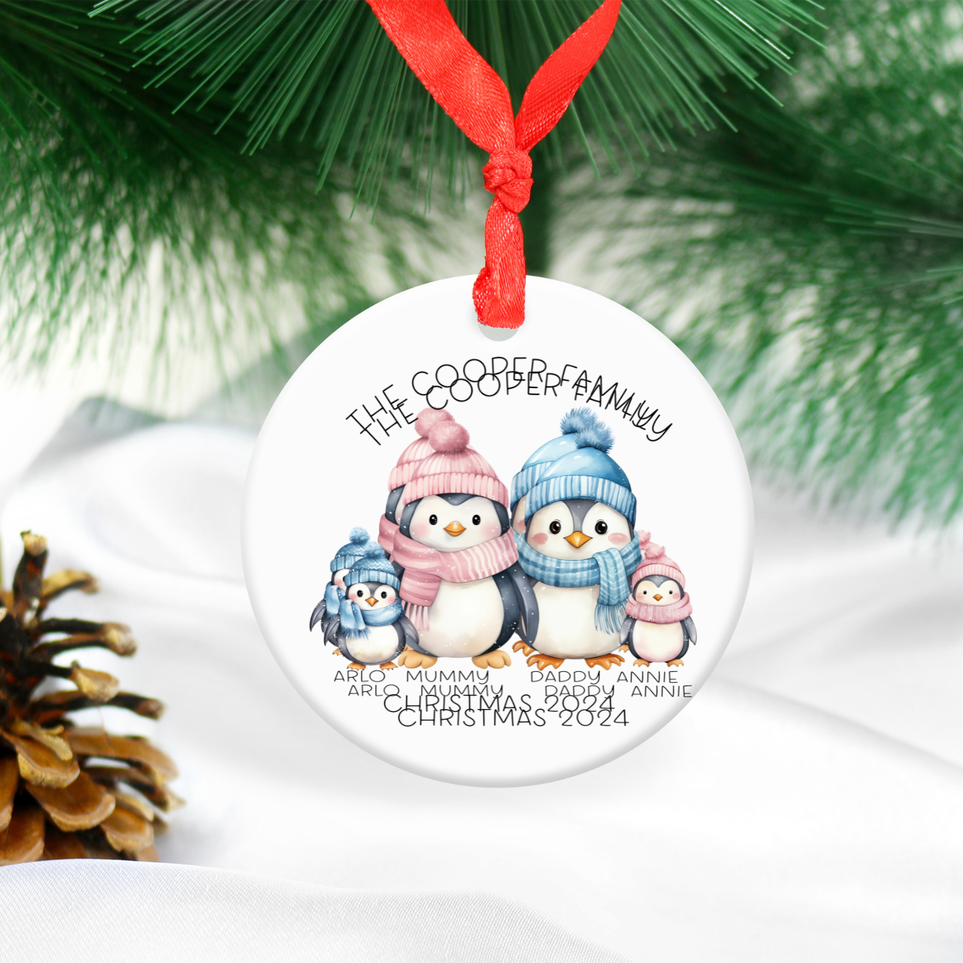 Personalised Penguin family name Christmas tree ornament
