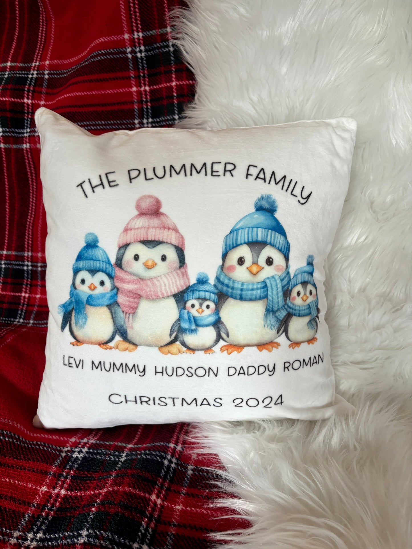 Personalised penguin family Christmas cushion gift